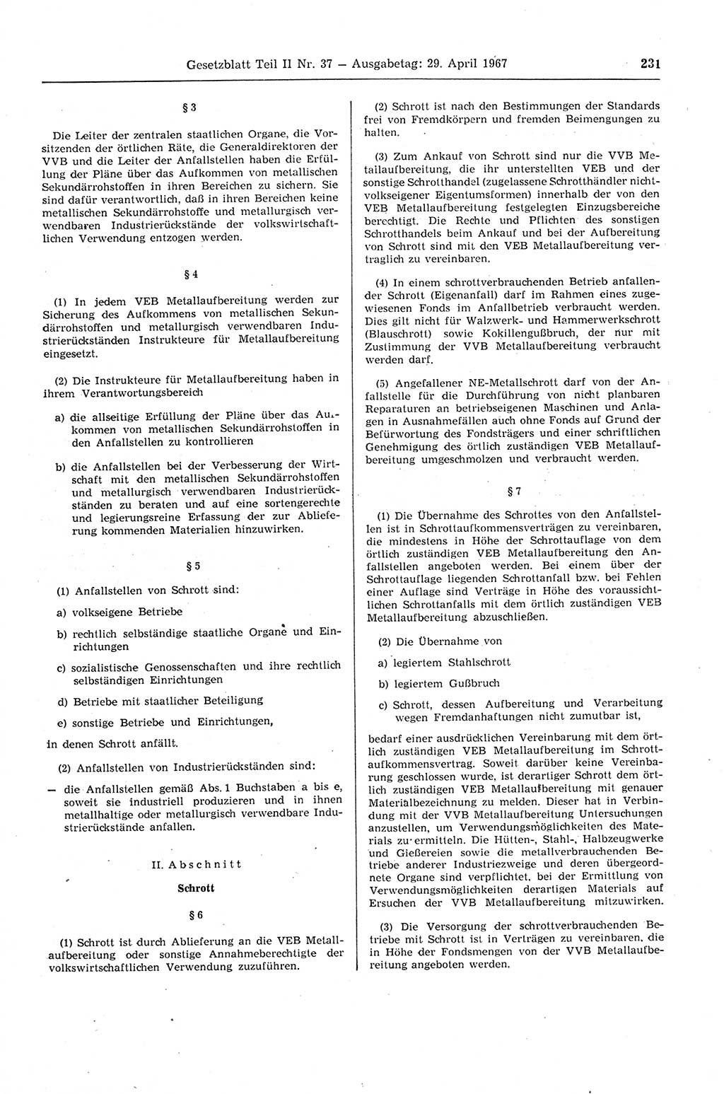 Gesetzblatt (GBl.) der Deutschen Demokratischen Republik (DDR) Teil ⅠⅠ 1967, Seite 231 (GBl. DDR ⅠⅠ 1967, S. 231)