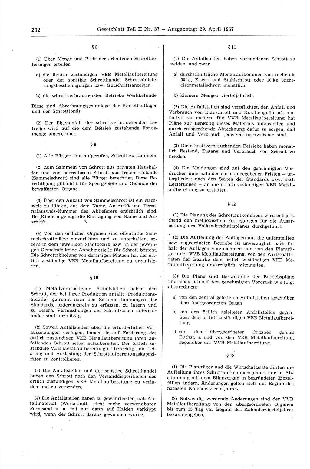 Gesetzblatt (GBl.) der Deutschen Demokratischen Republik (DDR) Teil ⅠⅠ 1967, Seite 232 (GBl. DDR ⅠⅠ 1967, S. 232)