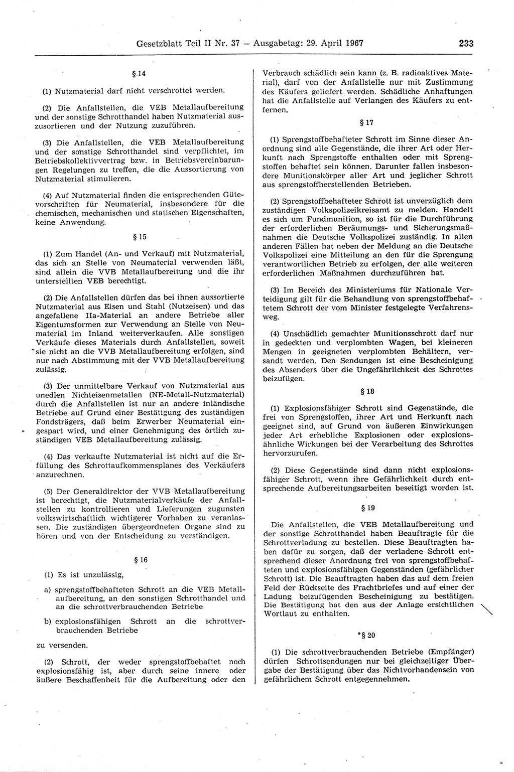 Gesetzblatt (GBl.) der Deutschen Demokratischen Republik (DDR) Teil ⅠⅠ 1967, Seite 233 (GBl. DDR ⅠⅠ 1967, S. 233)