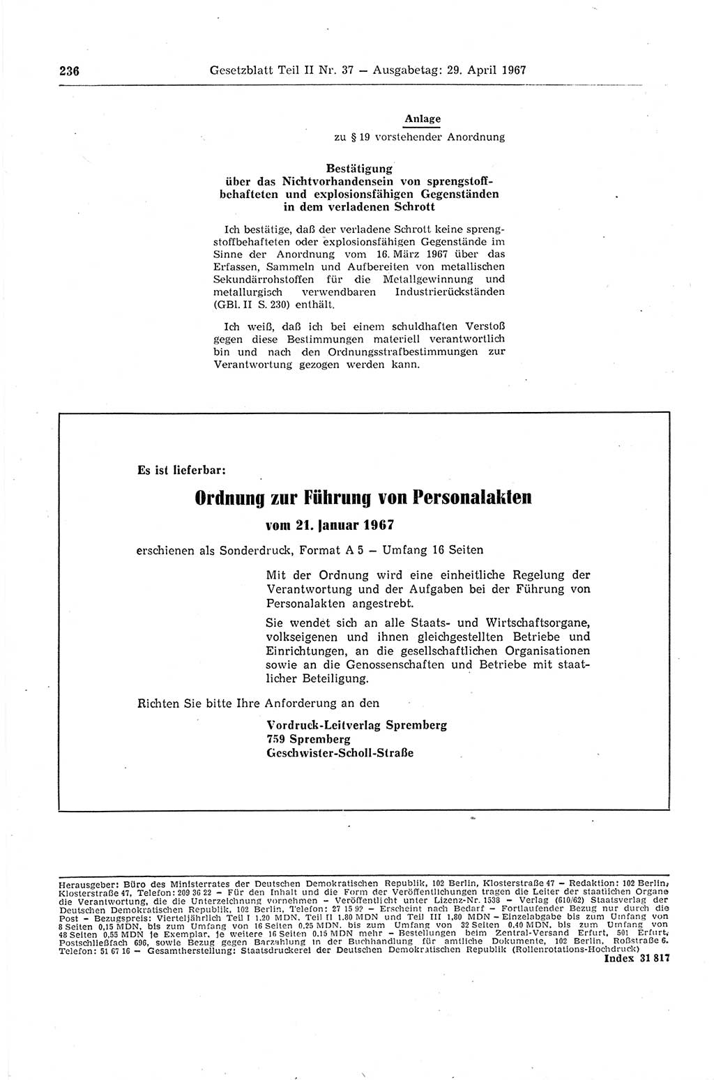 Gesetzblatt (GBl.) der Deutschen Demokratischen Republik (DDR) Teil ⅠⅠ 1967, Seite 236 (GBl. DDR ⅠⅠ 1967, S. 236)