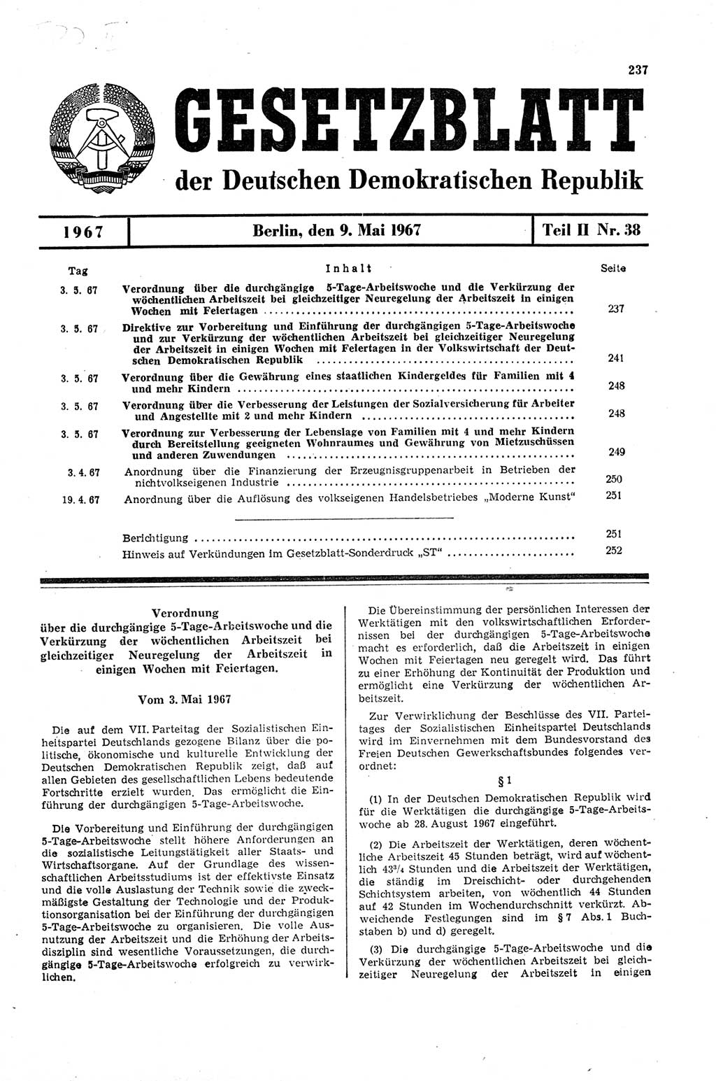 Gesetzblatt (GBl.) der Deutschen Demokratischen Republik (DDR) Teil ⅠⅠ 1967, Seite 237 (GBl. DDR ⅠⅠ 1967, S. 237)