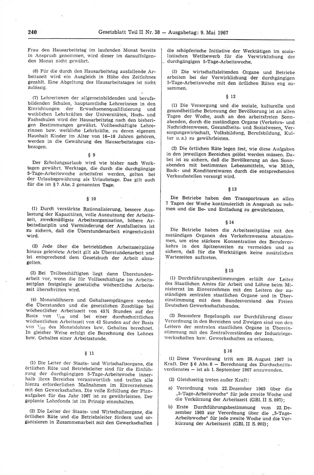 Gesetzblatt (GBl.) der Deutschen Demokratischen Republik (DDR) Teil ⅠⅠ 1967, Seite 240 (GBl. DDR ⅠⅠ 1967, S. 240)