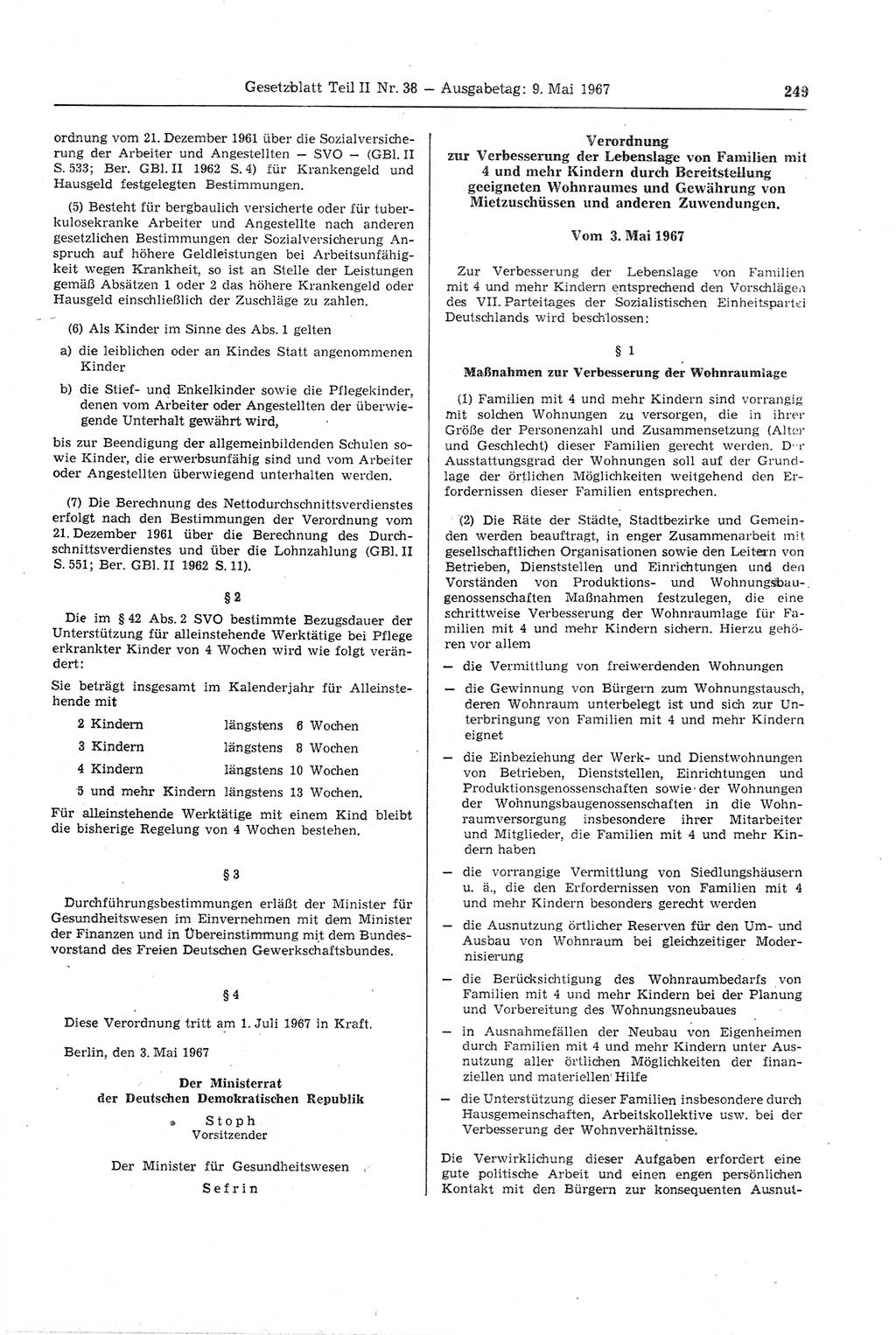 Gesetzblatt (GBl.) der Deutschen Demokratischen Republik (DDR) Teil ⅠⅠ 1967, Seite 249 (GBl. DDR ⅠⅠ 1967, S. 249)
