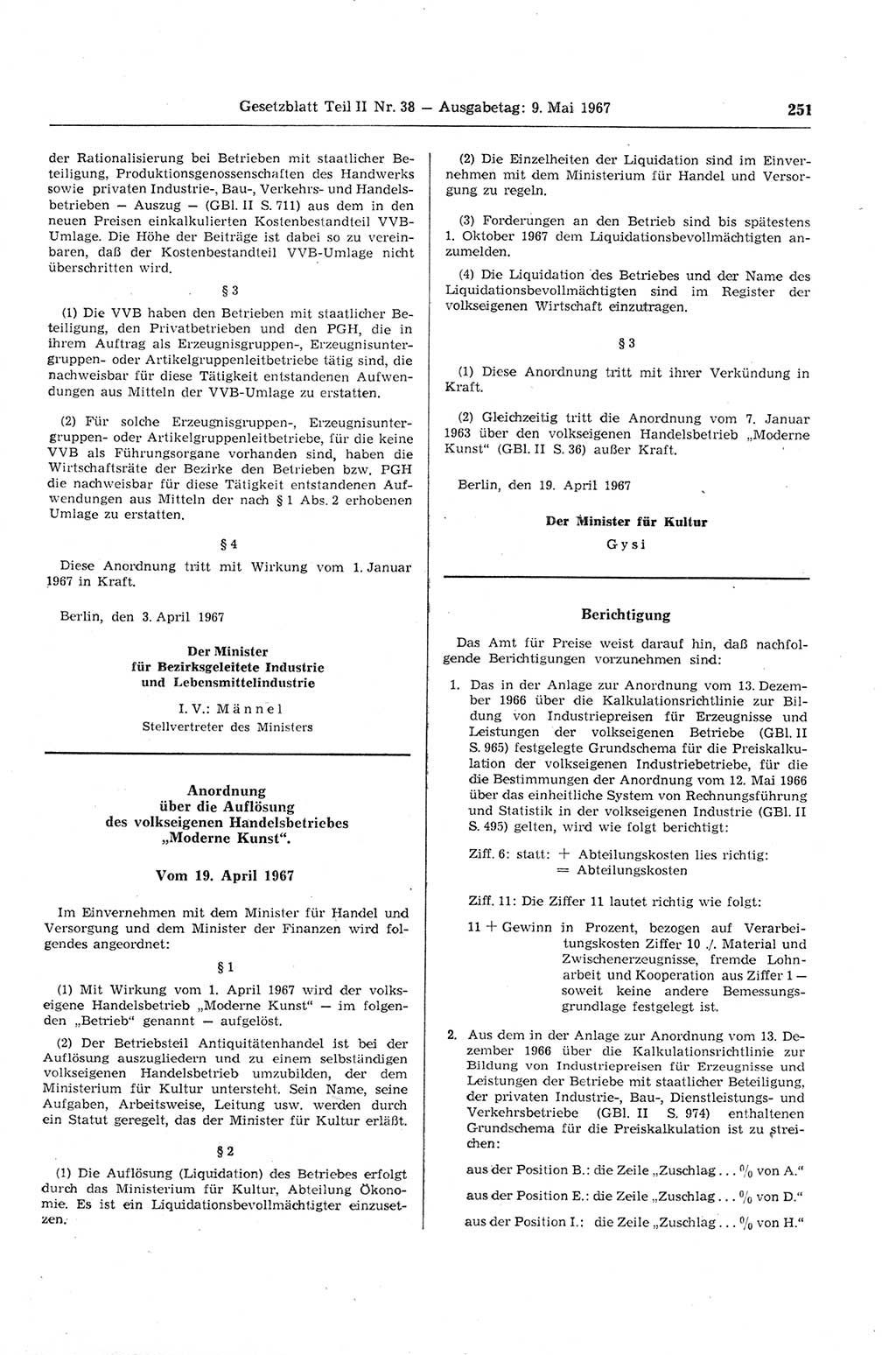 Gesetzblatt (GBl.) der Deutschen Demokratischen Republik (DDR) Teil ⅠⅠ 1967, Seite 251 (GBl. DDR ⅠⅠ 1967, S. 251)