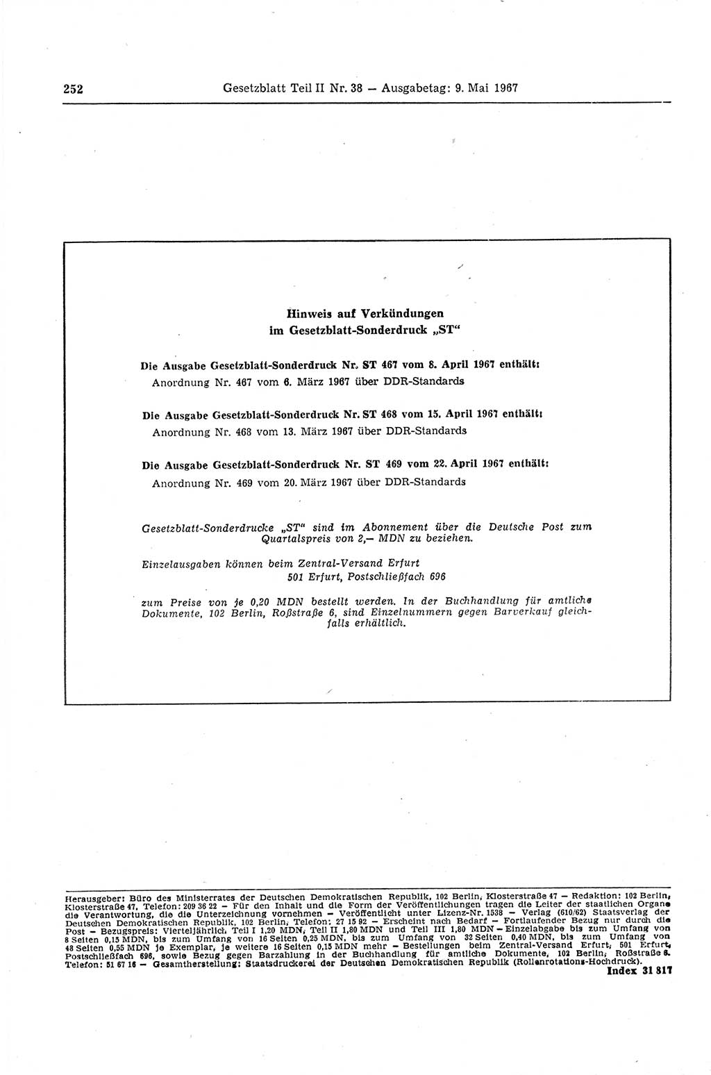 Gesetzblatt (GBl.) der Deutschen Demokratischen Republik (DDR) Teil ⅠⅠ 1967, Seite 252 (GBl. DDR ⅠⅠ 1967, S. 252)