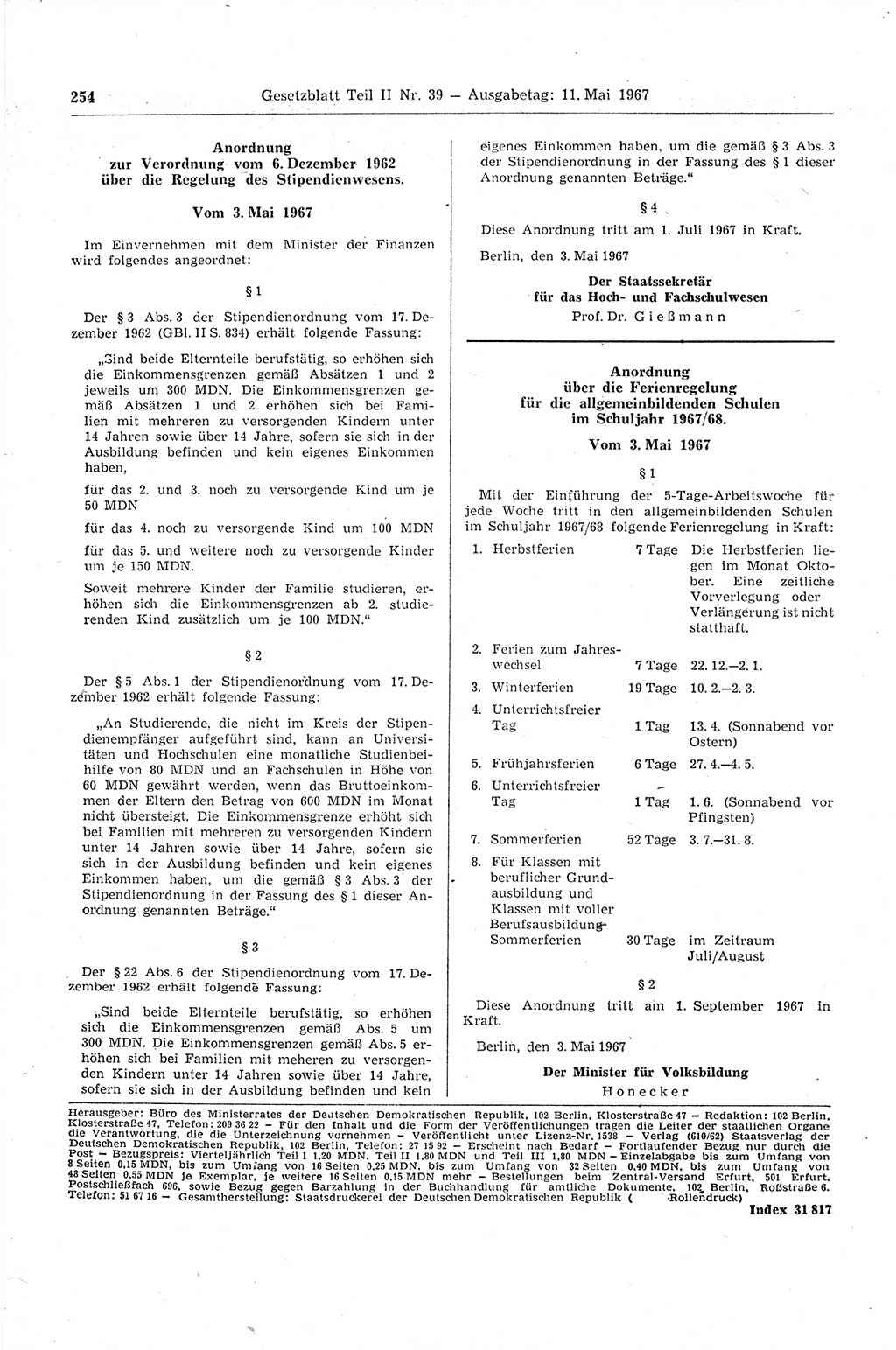 Gesetzblatt (GBl.) der Deutschen Demokratischen Republik (DDR) Teil ⅠⅠ 1967, Seite 254 (GBl. DDR ⅠⅠ 1967, S. 254)
