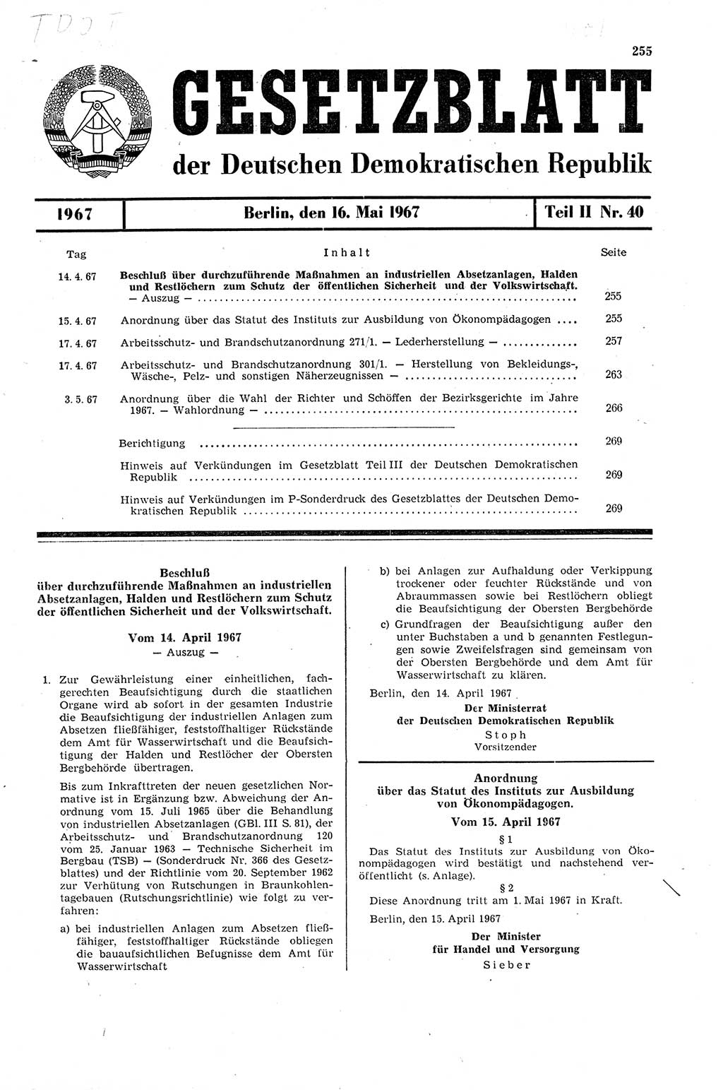 Gesetzblatt (GBl.) der Deutschen Demokratischen Republik (DDR) Teil ⅠⅠ 1967, Seite 255 (GBl. DDR ⅠⅠ 1967, S. 255)
