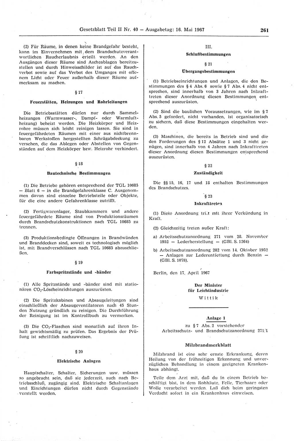 Gesetzblatt (GBl.) der Deutschen Demokratischen Republik (DDR) Teil ⅠⅠ 1967, Seite 261 (GBl. DDR ⅠⅠ 1967, S. 261)