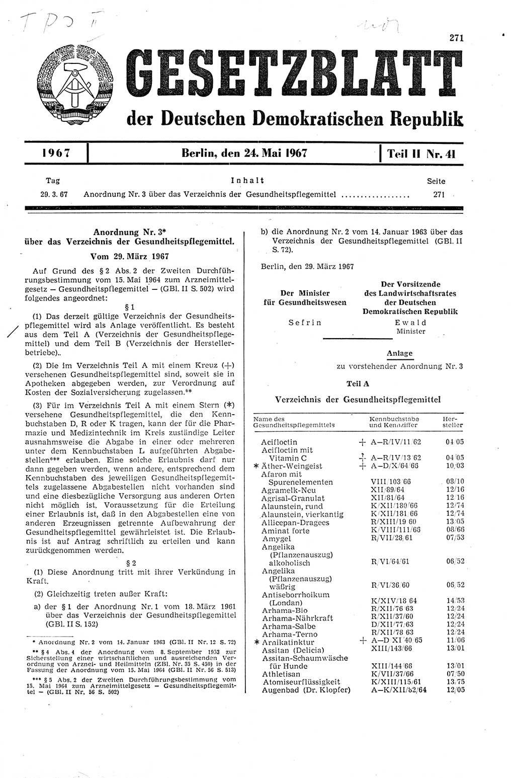 Gesetzblatt (GBl.) der Deutschen Demokratischen Republik (DDR) Teil ⅠⅠ 1967, Seite 271 (GBl. DDR ⅠⅠ 1967, S. 271)
