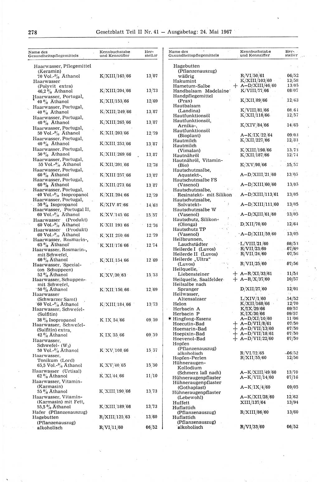 Gesetzblatt (GBl.) der Deutschen Demokratischen Republik (DDR) Teil ⅠⅠ 1967, Seite 278 (GBl. DDR ⅠⅠ 1967, S. 278)