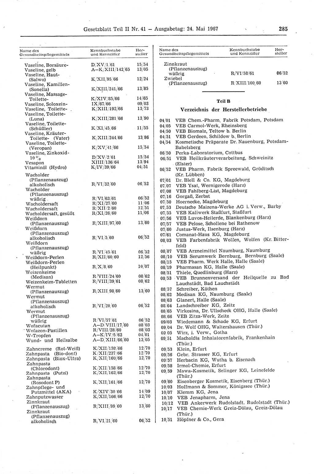Gesetzblatt (GBl.) der Deutschen Demokratischen Republik (DDR) Teil ⅠⅠ 1967, Seite 285 (GBl. DDR ⅠⅠ 1967, S. 285)