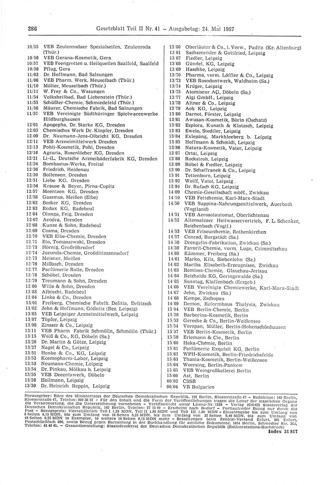 Gesetzblatt (GBl.) der Deutschen Demokratischen Republik (DDR) Teil ⅠⅠ 1967, Seite 286 (GBl. DDR ⅠⅠ 1967, S. 286)