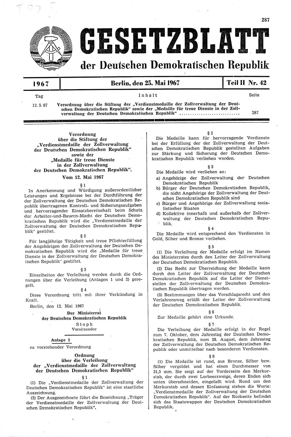 Gesetzblatt (GBl.) der Deutschen Demokratischen Republik (DDR) Teil ⅠⅠ 1967, Seite 287 (GBl. DDR ⅠⅠ 1967, S. 287)