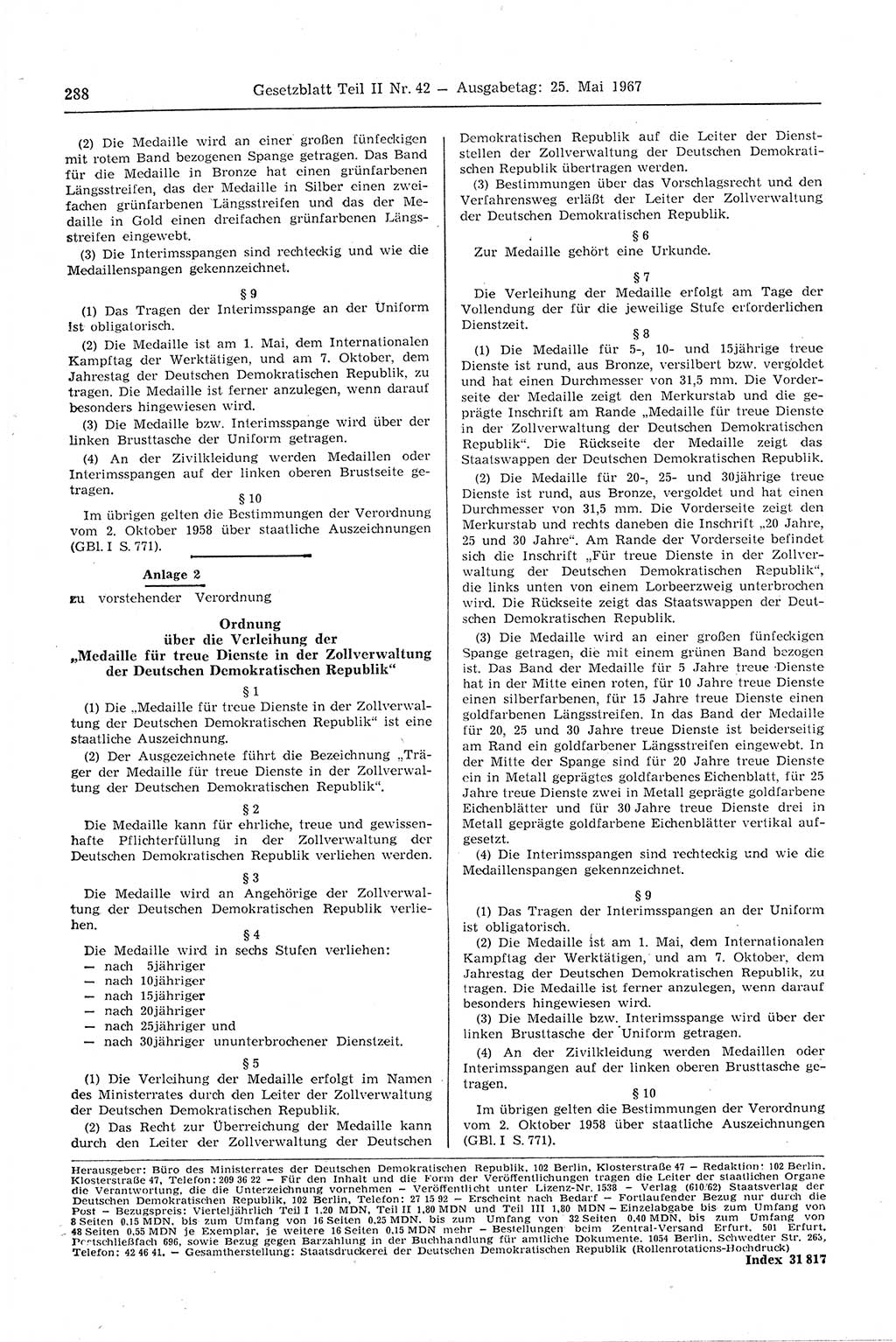 Gesetzblatt (GBl.) der Deutschen Demokratischen Republik (DDR) Teil ⅠⅠ 1967, Seite 288 (GBl. DDR ⅠⅠ 1967, S. 288)