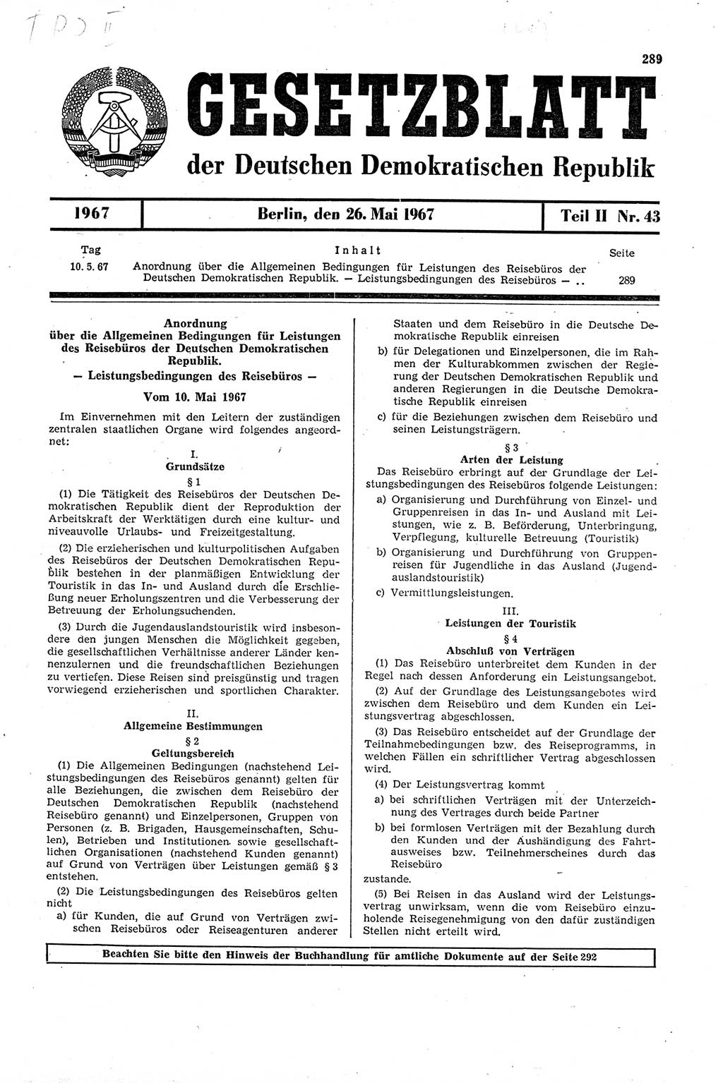Gesetzblatt (GBl.) der Deutschen Demokratischen Republik (DDR) Teil ⅠⅠ 1967, Seite 289 (GBl. DDR ⅠⅠ 1967, S. 289)