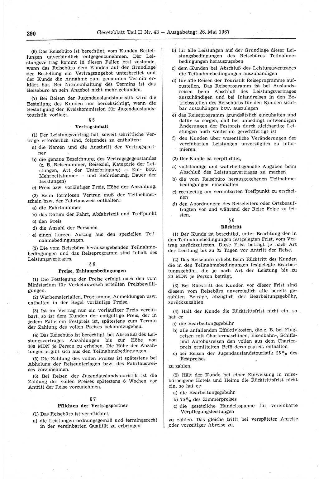 Gesetzblatt (GBl.) der Deutschen Demokratischen Republik (DDR) Teil ⅠⅠ 1967, Seite 290 (GBl. DDR ⅠⅠ 1967, S. 290)