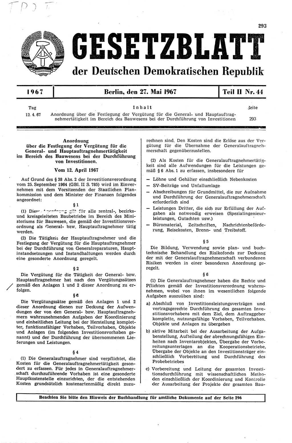 Gesetzblatt (GBl.) der Deutschen Demokratischen Republik (DDR) Teil ⅠⅠ 1967, Seite 293 (GBl. DDR ⅠⅠ 1967, S. 293)