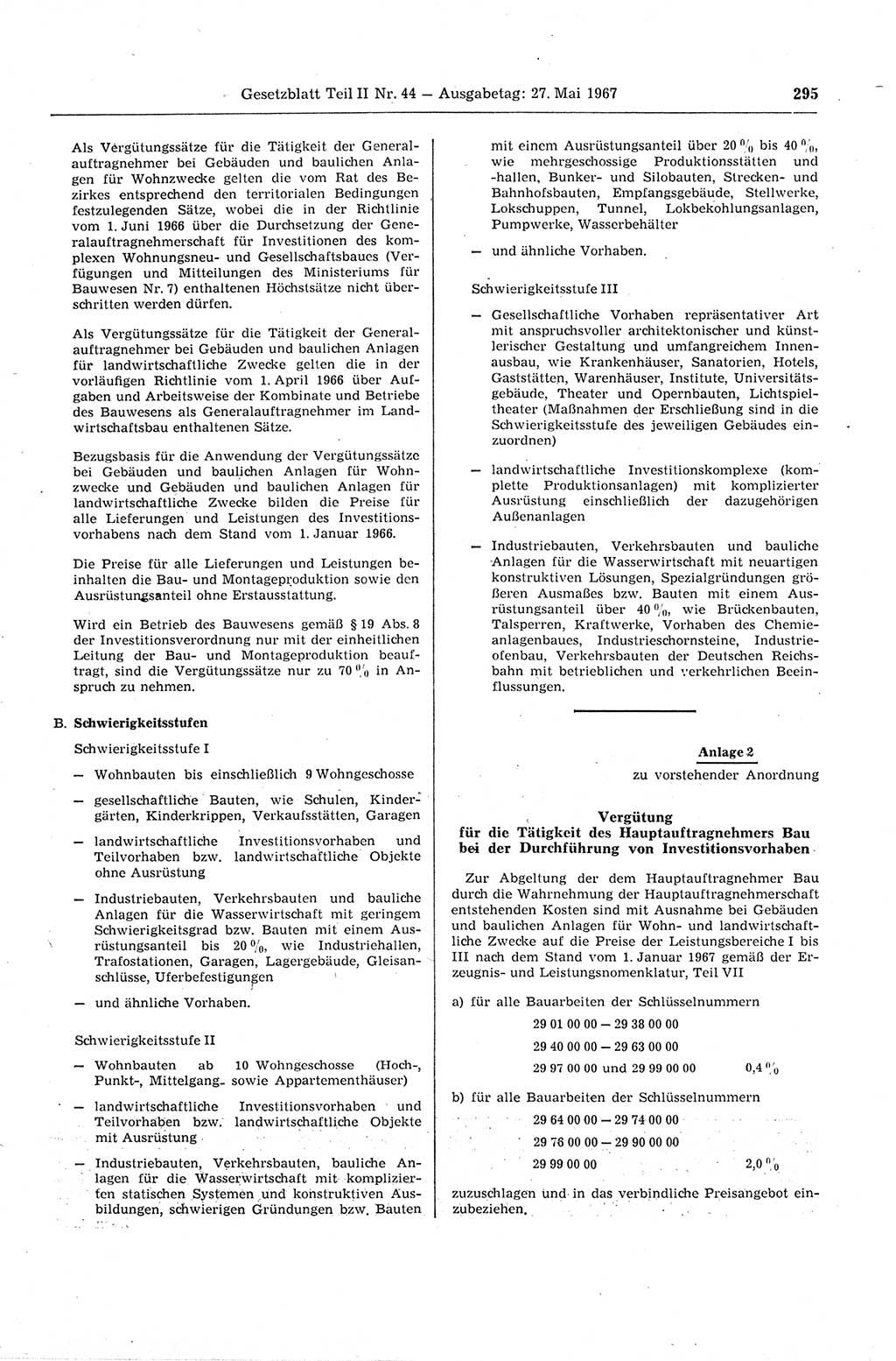 Gesetzblatt (GBl.) der Deutschen Demokratischen Republik (DDR) Teil ⅠⅠ 1967, Seite 295 (GBl. DDR ⅠⅠ 1967, S. 295)