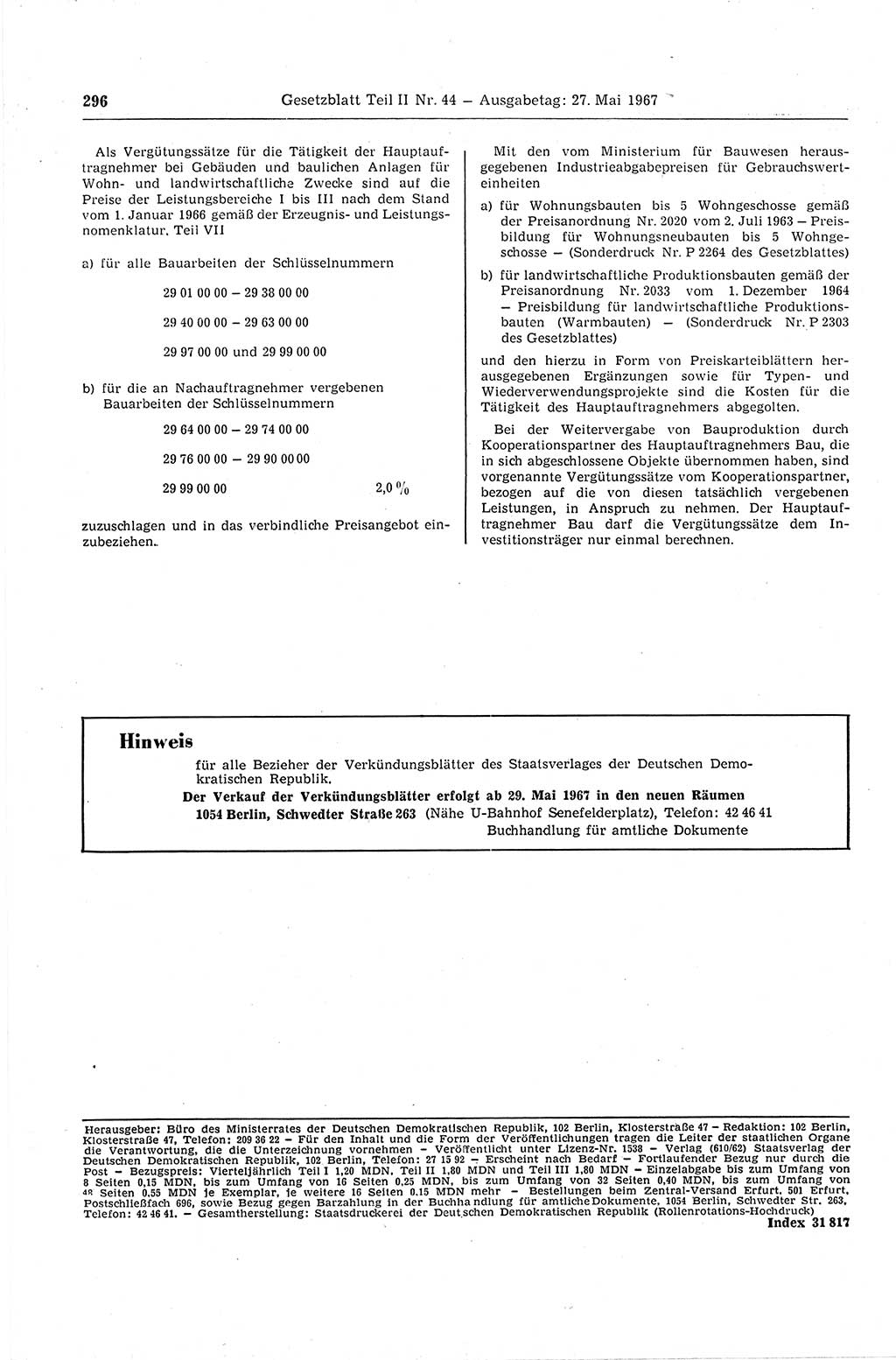 Gesetzblatt (GBl.) der Deutschen Demokratischen Republik (DDR) Teil ⅠⅠ 1967, Seite 296 (GBl. DDR ⅠⅠ 1967, S. 296)