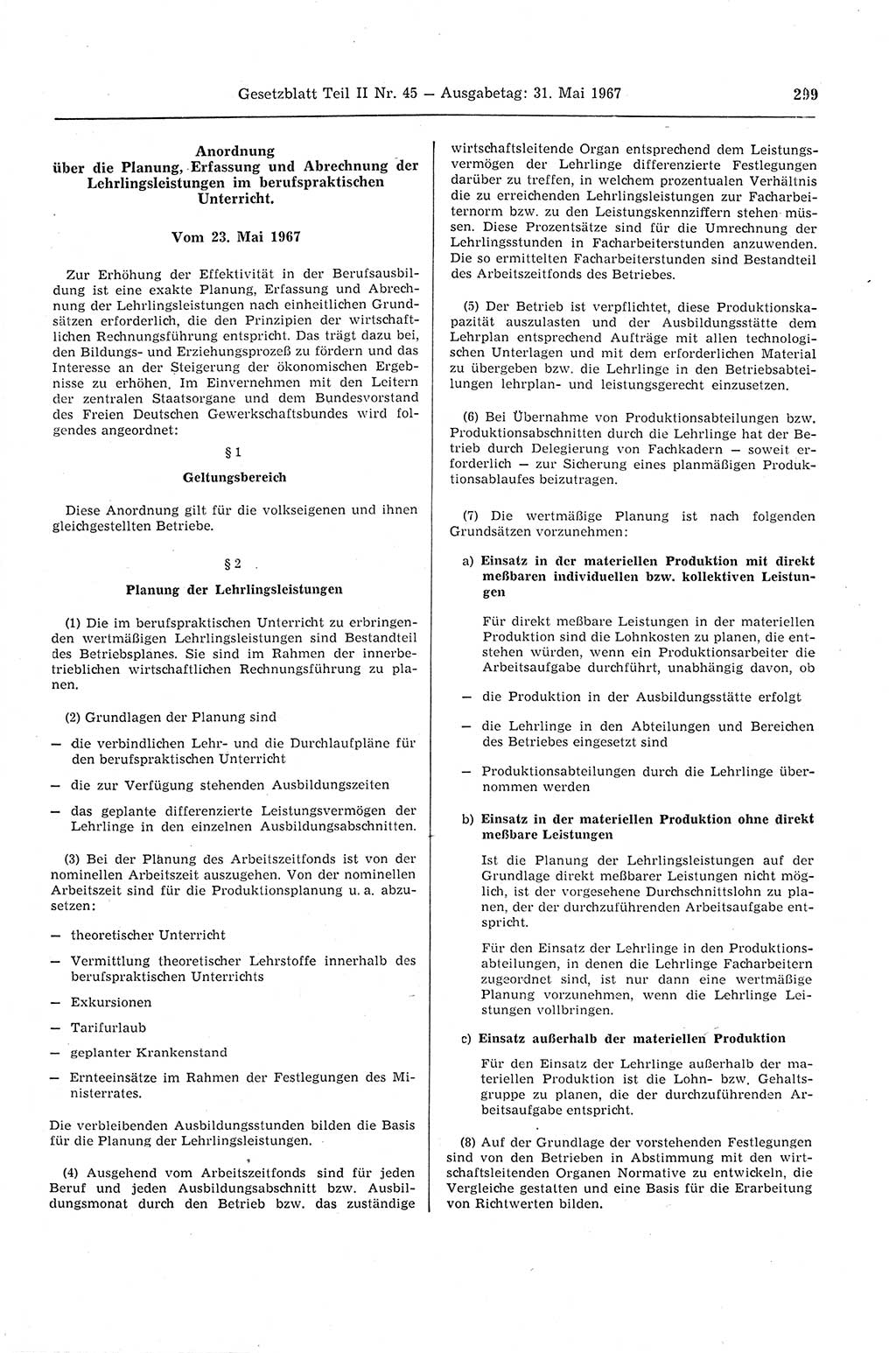 Gesetzblatt (GBl.) der Deutschen Demokratischen Republik (DDR) Teil ⅠⅠ 1967, Seite 299 (GBl. DDR ⅠⅠ 1967, S. 299)