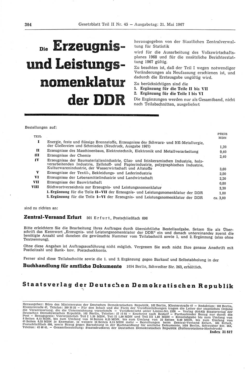 Gesetzblatt (GBl.) der Deutschen Demokratischen Republik (DDR) Teil ⅠⅠ 1967, Seite 304 (GBl. DDR ⅠⅠ 1967, S. 304)