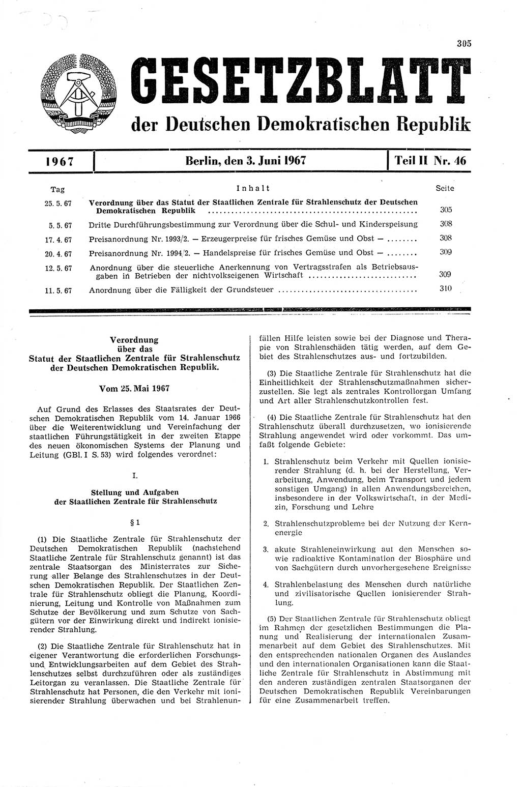 Gesetzblatt (GBl.) der Deutschen Demokratischen Republik (DDR) Teil ⅠⅠ 1967, Seite 305 (GBl. DDR ⅠⅠ 1967, S. 305)