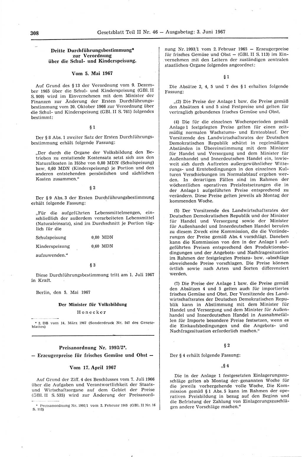 Gesetzblatt (GBl.) der Deutschen Demokratischen Republik (DDR) Teil ⅠⅠ 1967, Seite 308 (GBl. DDR ⅠⅠ 1967, S. 308)