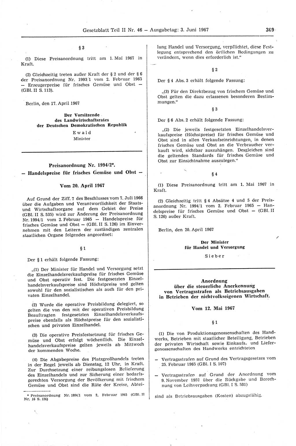 Gesetzblatt (GBl.) der Deutschen Demokratischen Republik (DDR) Teil ⅠⅠ 1967, Seite 309 (GBl. DDR ⅠⅠ 1967, S. 309)