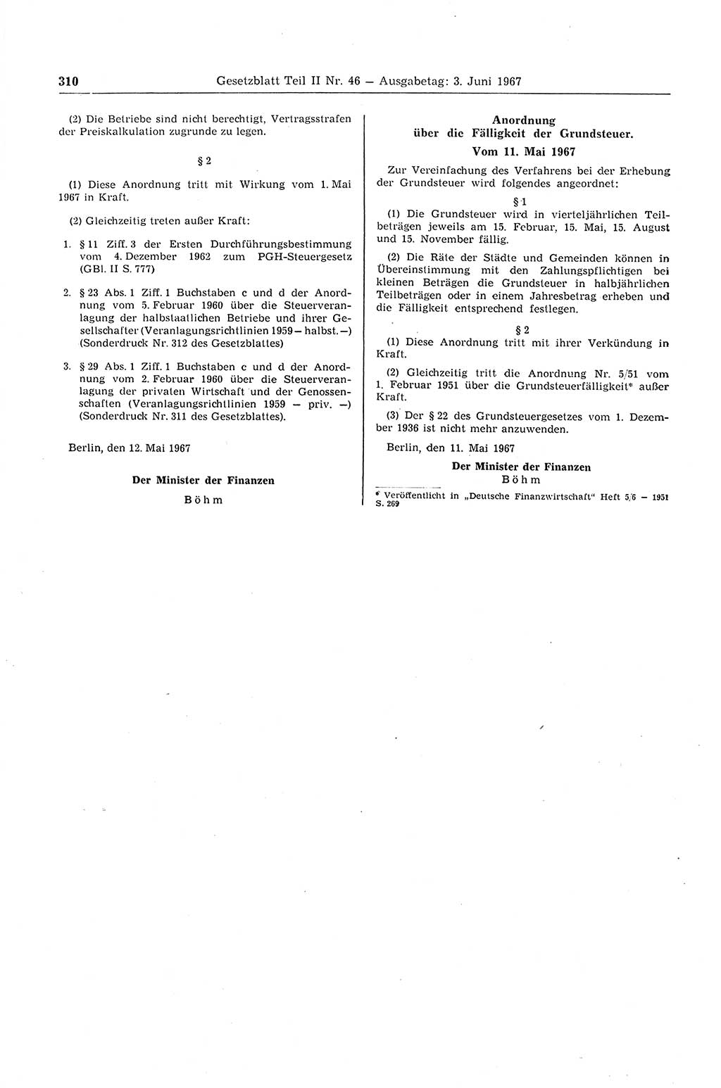 Gesetzblatt (GBl.) der Deutschen Demokratischen Republik (DDR) Teil ⅠⅠ 1967, Seite 310 (GBl. DDR ⅠⅠ 1967, S. 310)