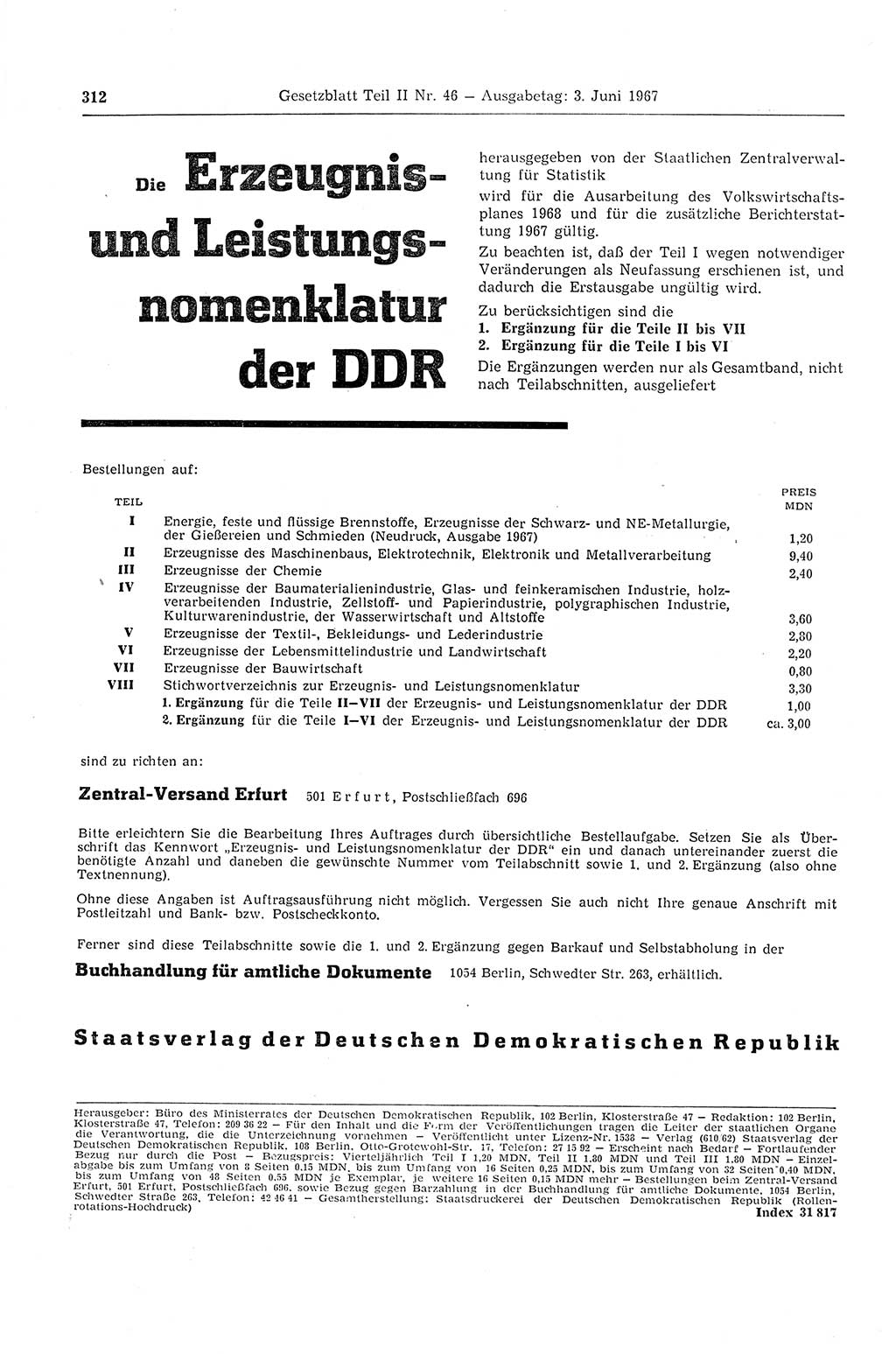 Gesetzblatt (GBl.) der Deutschen Demokratischen Republik (DDR) Teil ⅠⅠ 1967, Seite 312 (GBl. DDR ⅠⅠ 1967, S. 312)