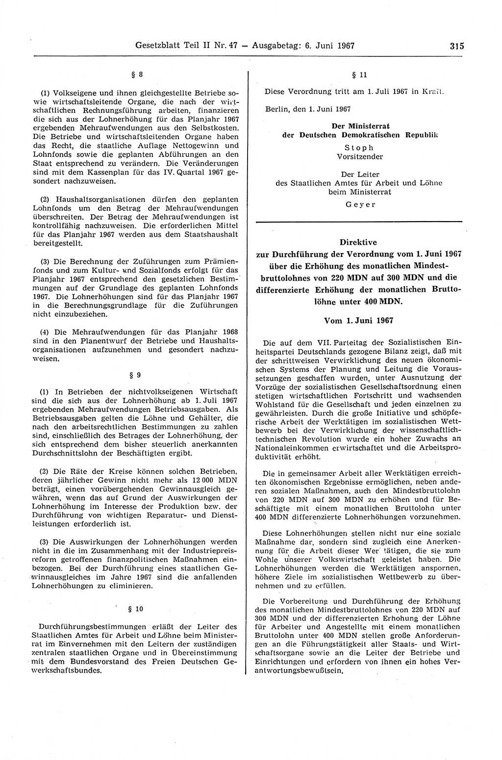 Gesetzblatt (GBl.) der Deutschen Demokratischen Republik (DDR) Teil ⅠⅠ 1967, Seite 315 (GBl. DDR ⅠⅠ 1967, S. 315)