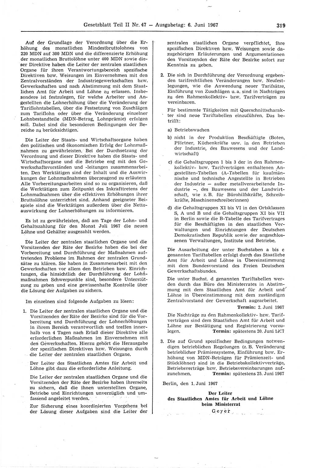 Gesetzblatt (GBl.) der Deutschen Demokratischen Republik (DDR) Teil ⅠⅠ 1967, Seite 319 (GBl. DDR ⅠⅠ 1967, S. 319)