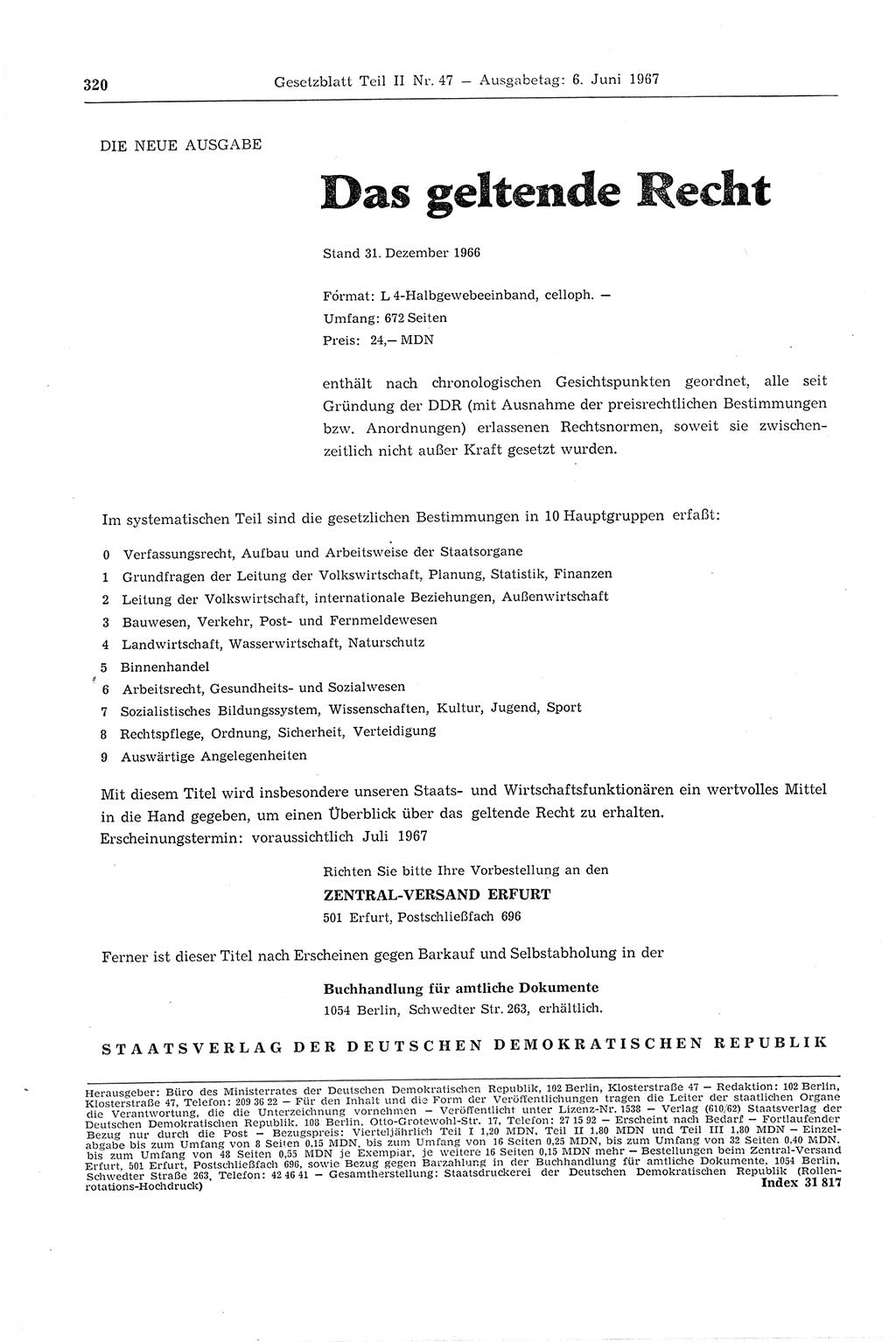 Gesetzblatt (GBl.) der Deutschen Demokratischen Republik (DDR) Teil ⅠⅠ 1967, Seite 320 (GBl. DDR ⅠⅠ 1967, S. 320)