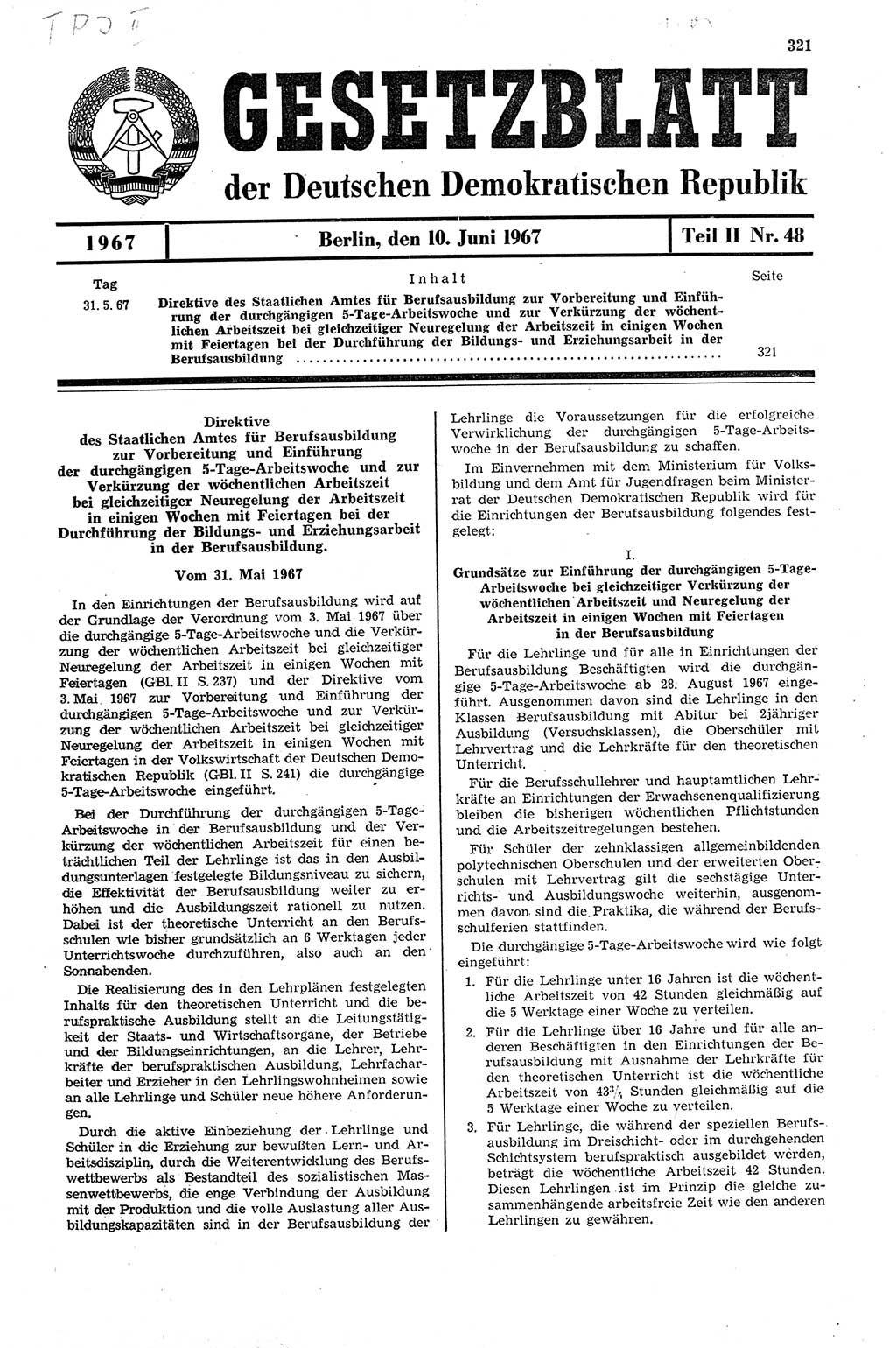 Gesetzblatt (GBl.) der Deutschen Demokratischen Republik (DDR) Teil ⅠⅠ 1967, Seite 321 (GBl. DDR ⅠⅠ 1967, S. 321)