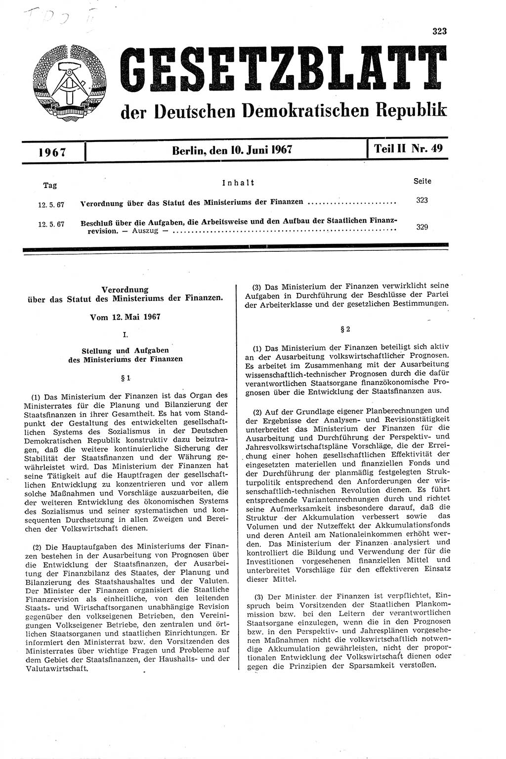 Gesetzblatt (GBl.) der Deutschen Demokratischen Republik (DDR) Teil ⅠⅠ 1967, Seite 323 (GBl. DDR ⅠⅠ 1967, S. 323)