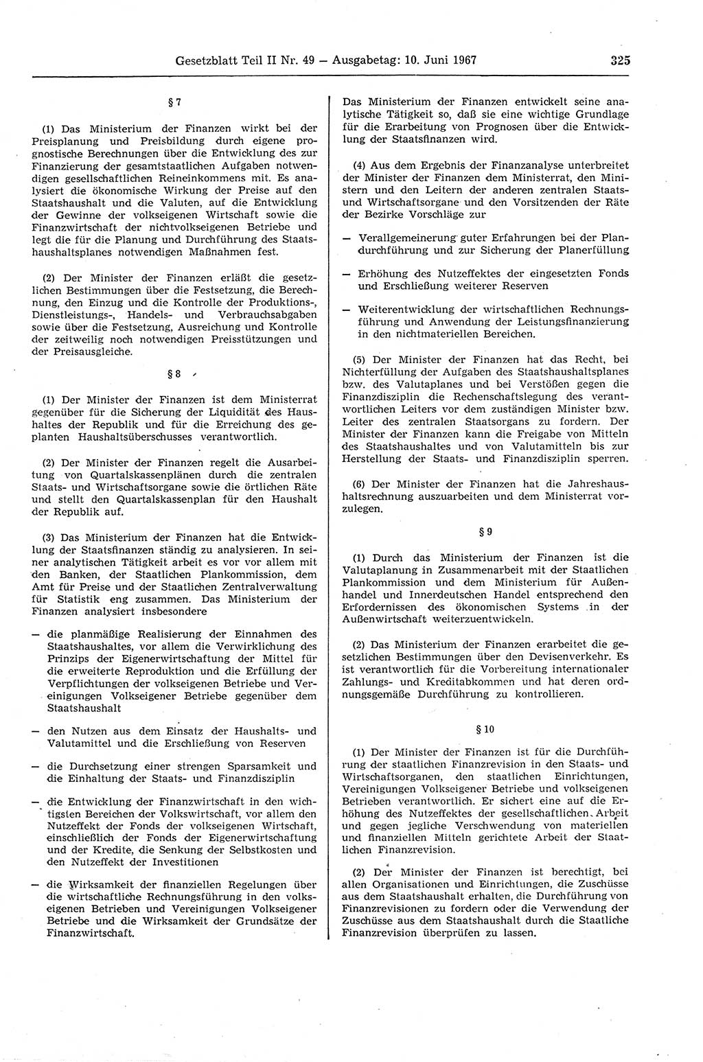 Gesetzblatt (GBl.) der Deutschen Demokratischen Republik (DDR) Teil ⅠⅠ 1967, Seite 325 (GBl. DDR ⅠⅠ 1967, S. 325)