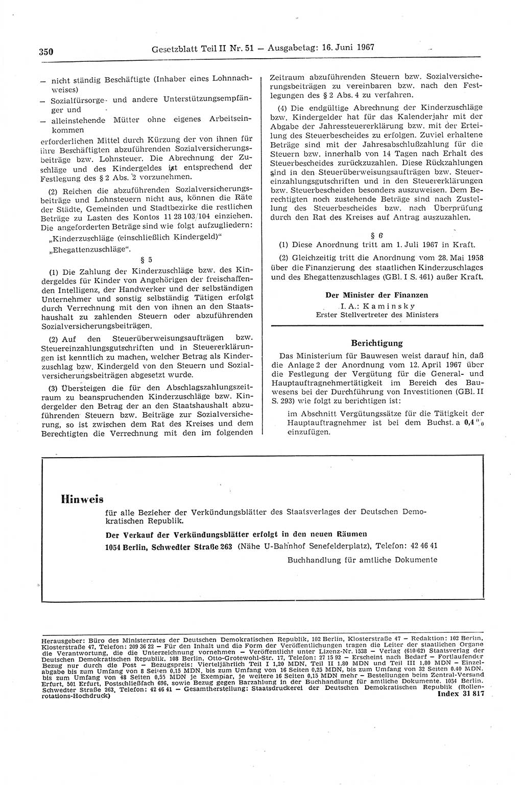 Gesetzblatt (GBl.) der Deutschen Demokratischen Republik (DDR) Teil ⅠⅠ 1967, Seite 350 (GBl. DDR ⅠⅠ 1967, S. 350)