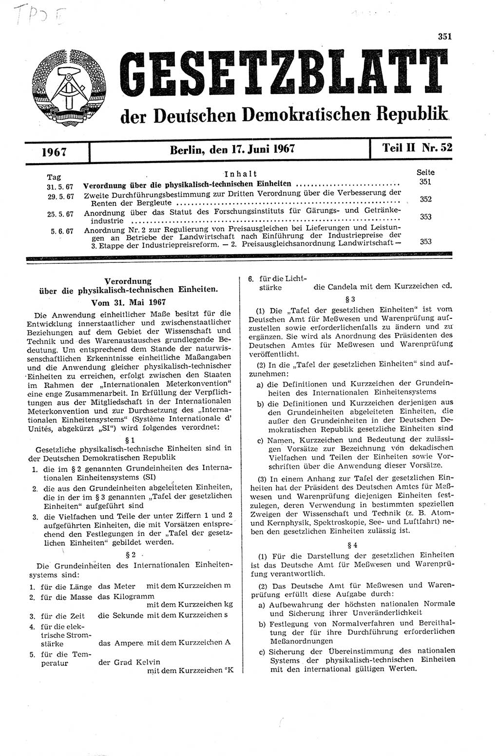 Gesetzblatt (GBl.) der Deutschen Demokratischen Republik (DDR) Teil ⅠⅠ 1967, Seite 351 (GBl. DDR ⅠⅠ 1967, S. 351)