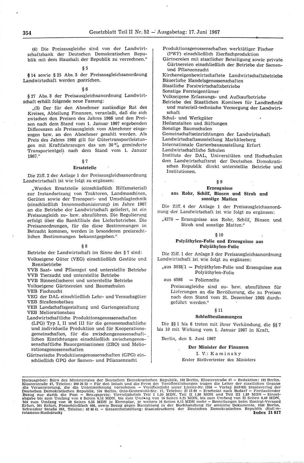 Gesetzblatt (GBl.) der Deutschen Demokratischen Republik (DDR) Teil ⅠⅠ 1967, Seite 354 (GBl. DDR ⅠⅠ 1967, S. 354)