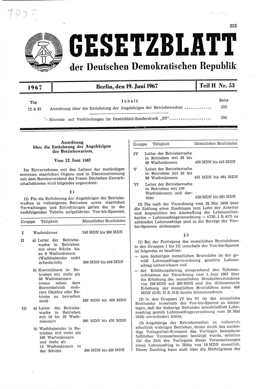 Gesetzblatt (GBl.) der Deutschen Demokratischen Republik (DDR) Teil ⅠⅠ 1967, Seite 355 (GBl. DDR ⅠⅠ 1967, S. 355)