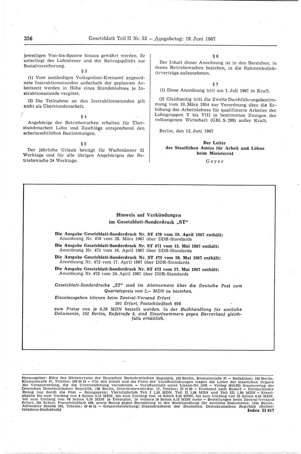 Gesetzblatt (GBl.) der Deutschen Demokratischen Republik (DDR) Teil ⅠⅠ 1967, Seite 356 (GBl. DDR ⅠⅠ 1967, S. 356)