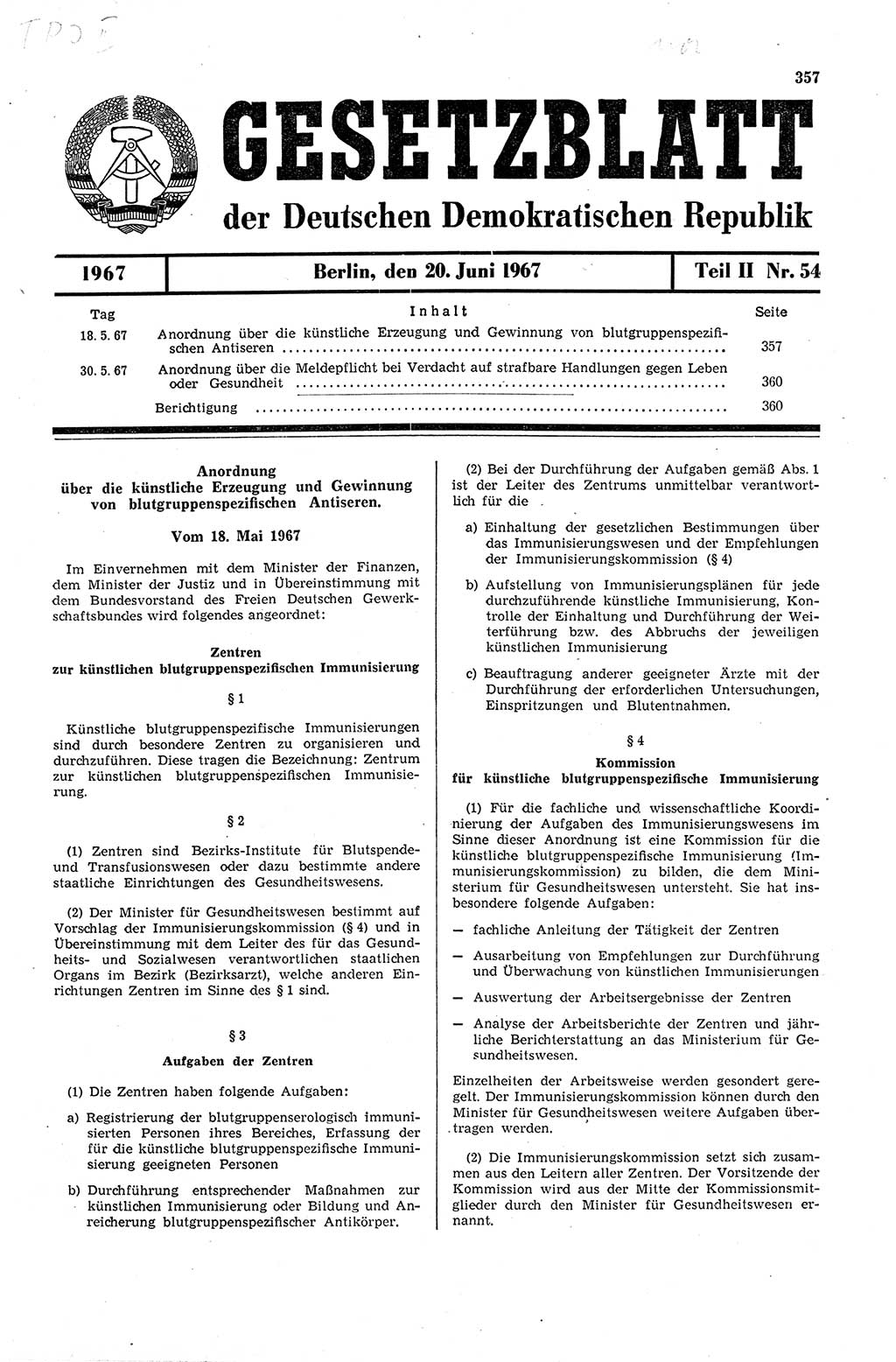 Gesetzblatt (GBl.) der Deutschen Demokratischen Republik (DDR) Teil ⅠⅠ 1967, Seite 357 (GBl. DDR ⅠⅠ 1967, S. 357)