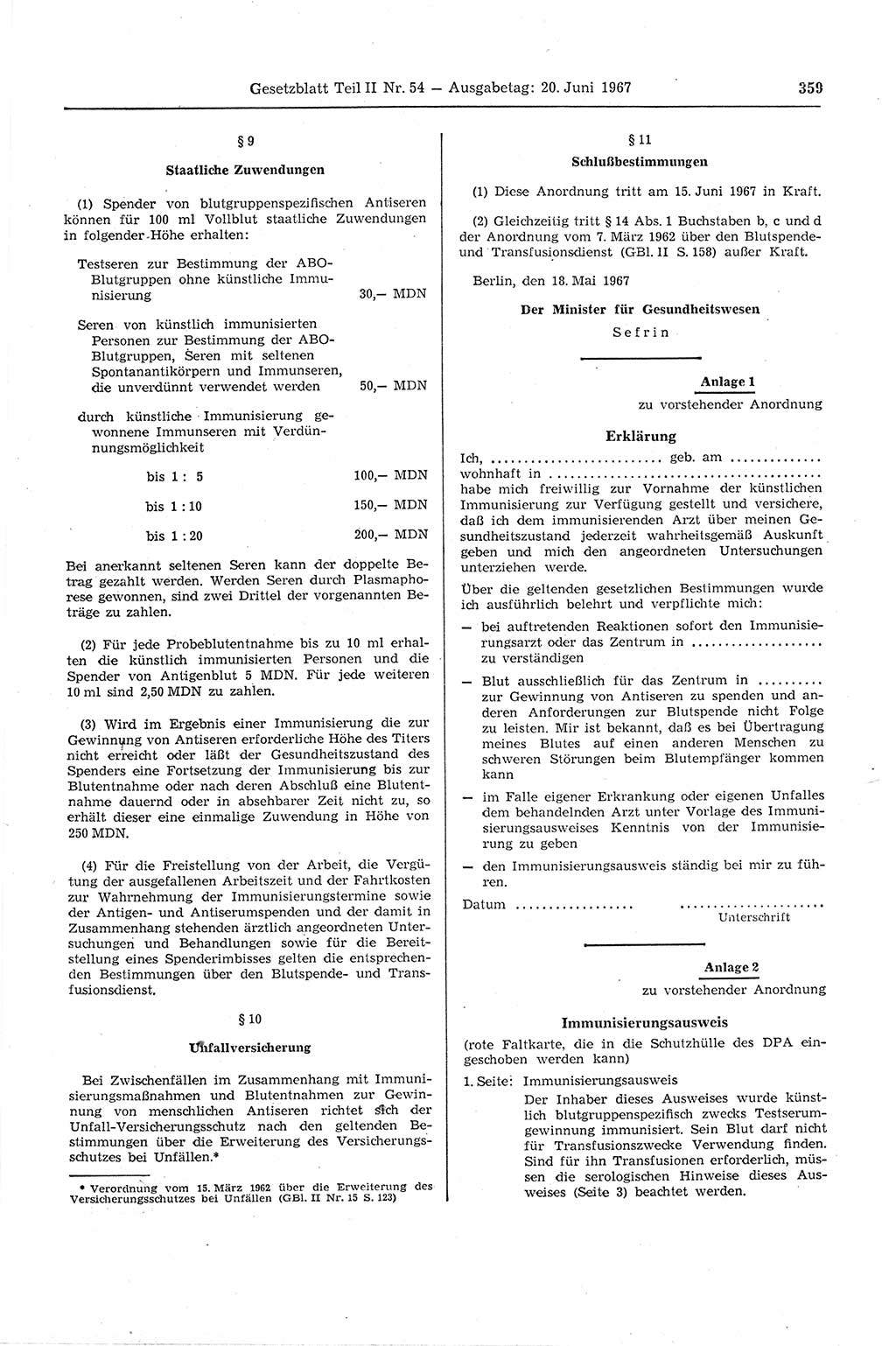 Gesetzblatt (GBl.) der Deutschen Demokratischen Republik (DDR) Teil ⅠⅠ 1967, Seite 359 (GBl. DDR ⅠⅠ 1967, S. 359)