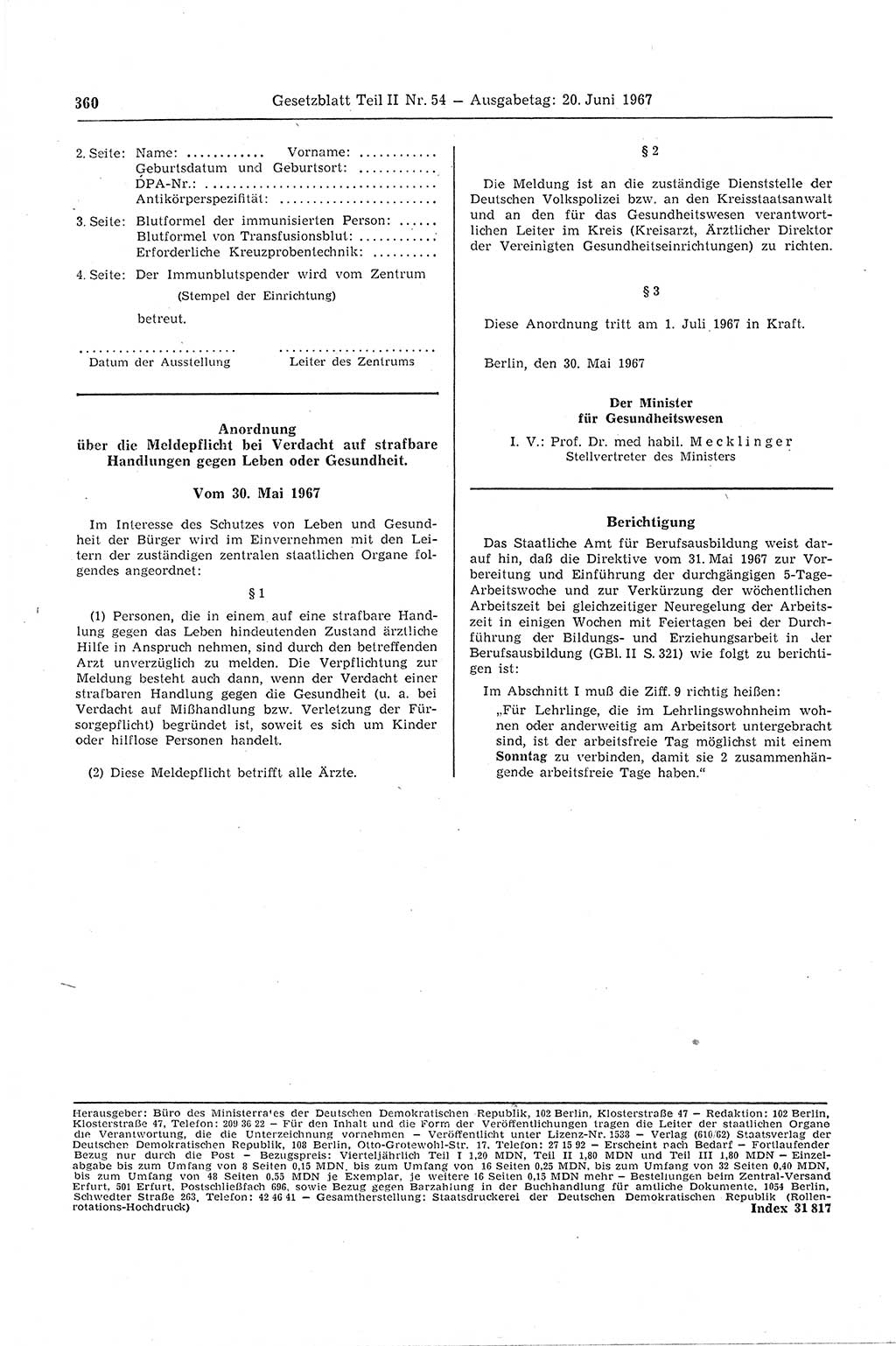 Gesetzblatt (GBl.) der Deutschen Demokratischen Republik (DDR) Teil ⅠⅠ 1967, Seite 360 (GBl. DDR ⅠⅠ 1967, S. 360)