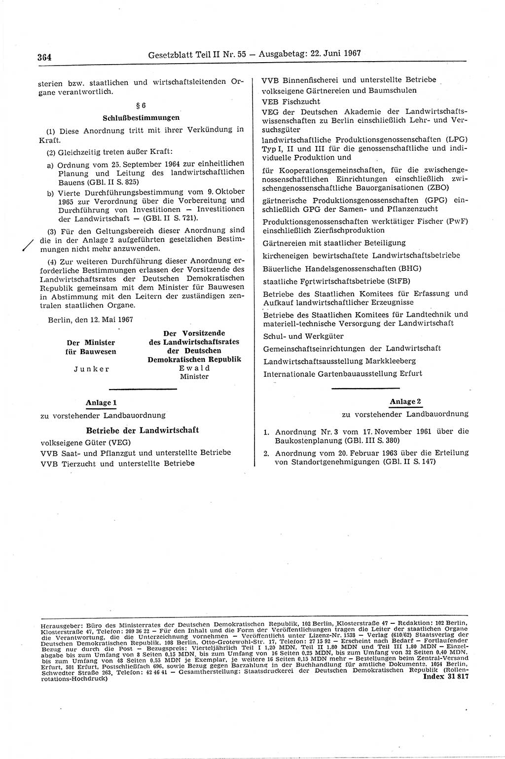 Gesetzblatt (GBl.) der Deutschen Demokratischen Republik (DDR) Teil ⅠⅠ 1967, Seite 364 (GBl. DDR ⅠⅠ 1967, S. 364)