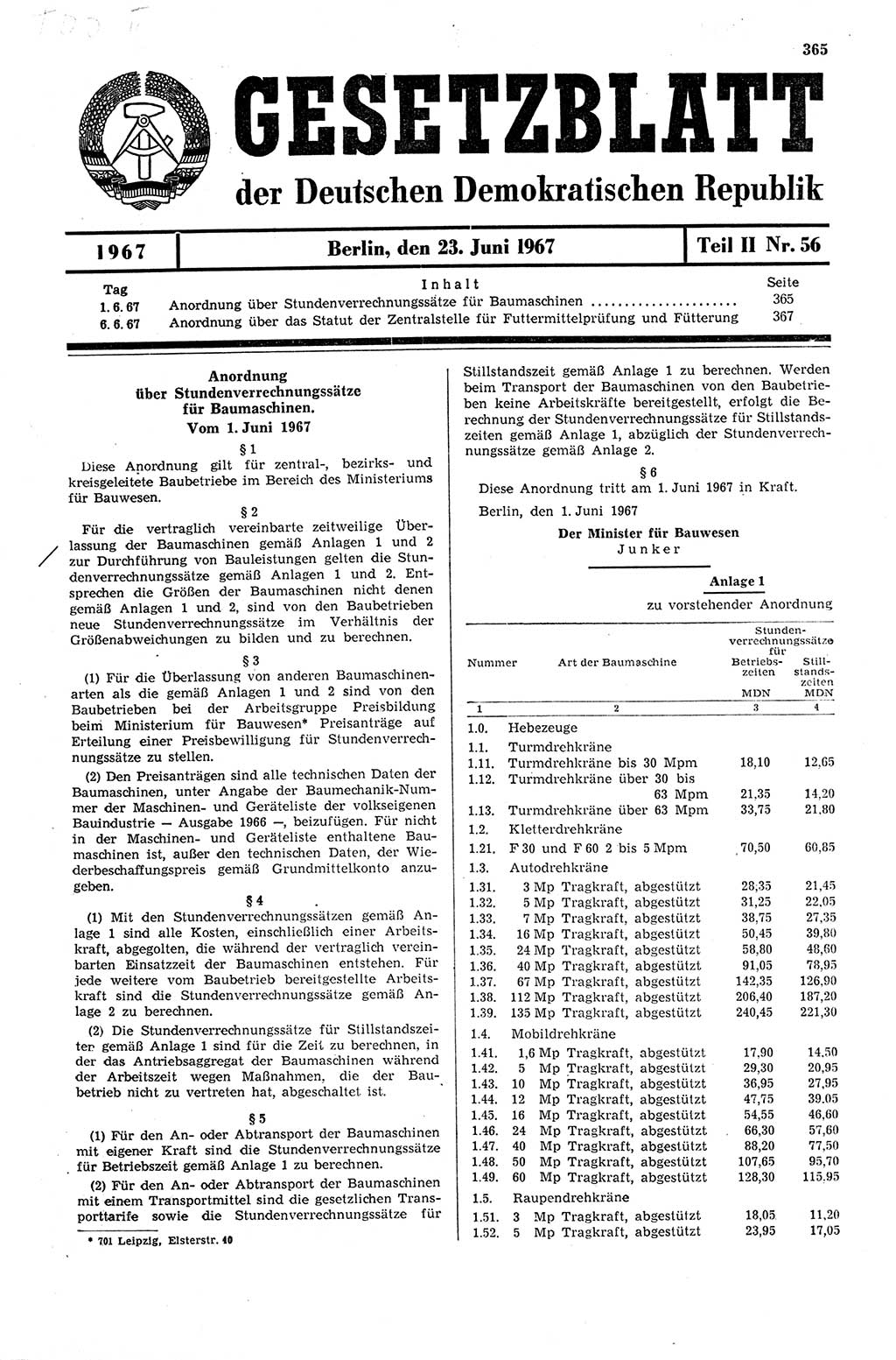 Gesetzblatt (GBl.) der Deutschen Demokratischen Republik (DDR) Teil ⅠⅠ 1967, Seite 365 (GBl. DDR ⅠⅠ 1967, S. 365)