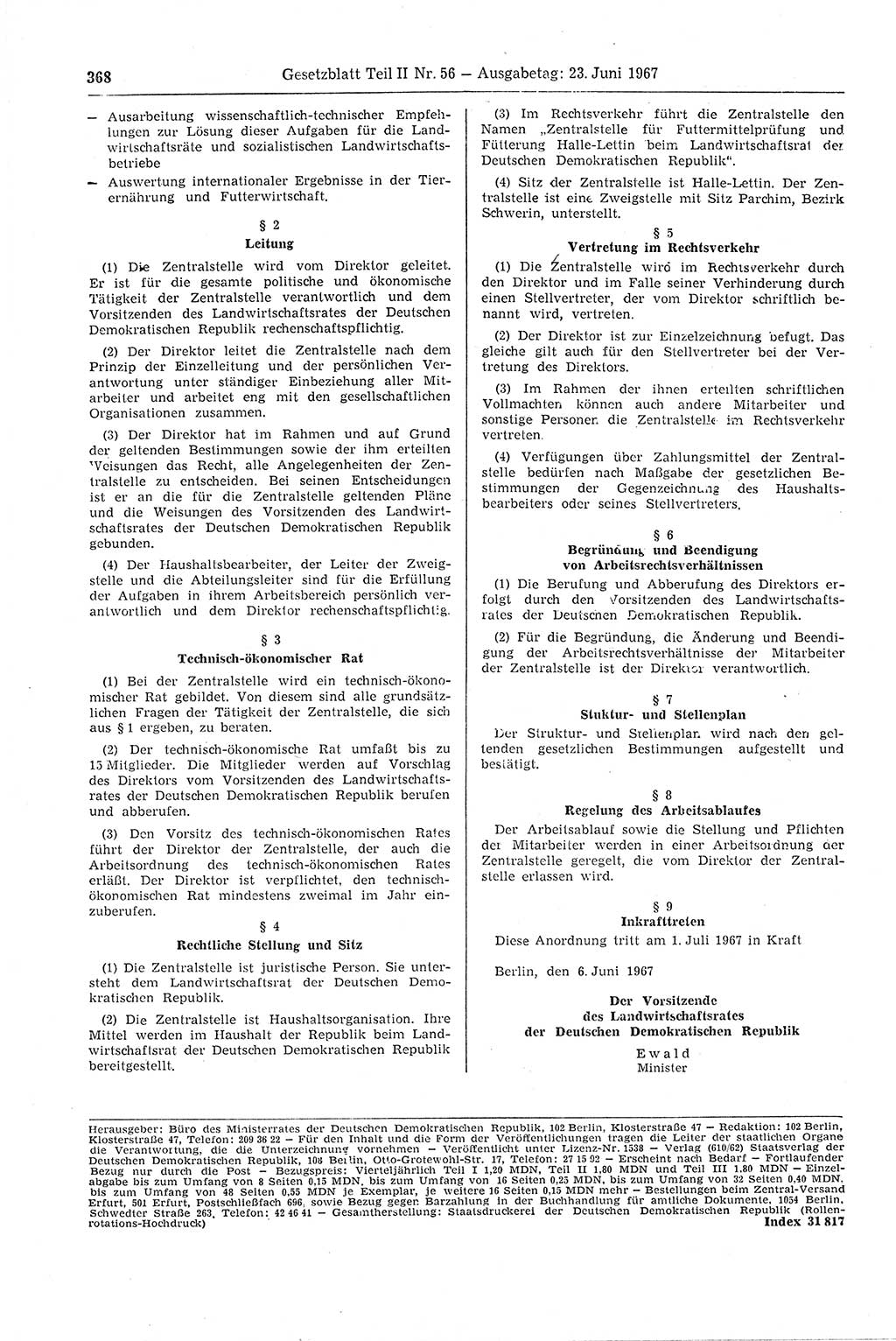 Gesetzblatt (GBl.) der Deutschen Demokratischen Republik (DDR) Teil ⅠⅠ 1967, Seite 368 (GBl. DDR ⅠⅠ 1967, S. 368)