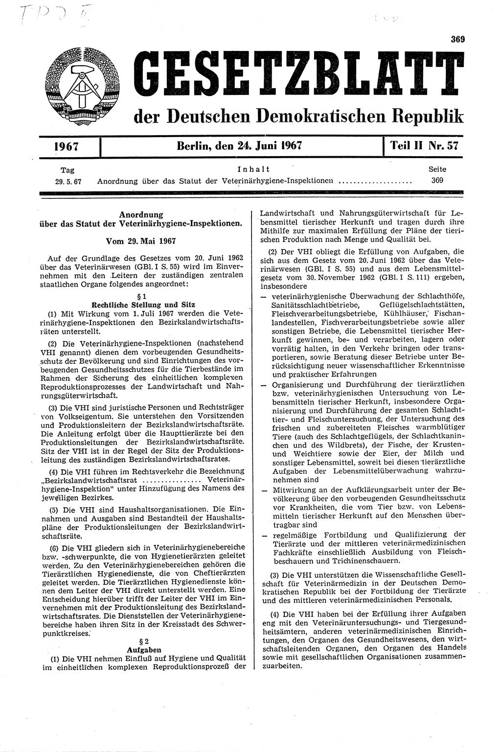 Gesetzblatt (GBl.) der Deutschen Demokratischen Republik (DDR) Teil ⅠⅠ 1967, Seite 369 (GBl. DDR ⅠⅠ 1967, S. 369)