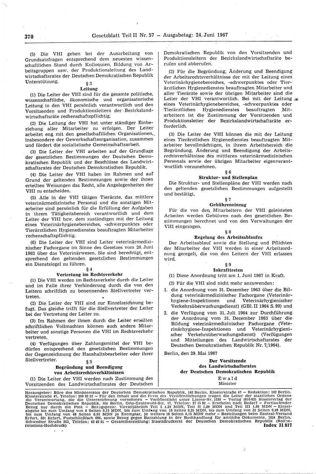 Gesetzblatt (GBl.) der Deutschen Demokratischen Republik (DDR) Teil ⅠⅠ 1967, Seite 370 (GBl. DDR ⅠⅠ 1967, S. 370)