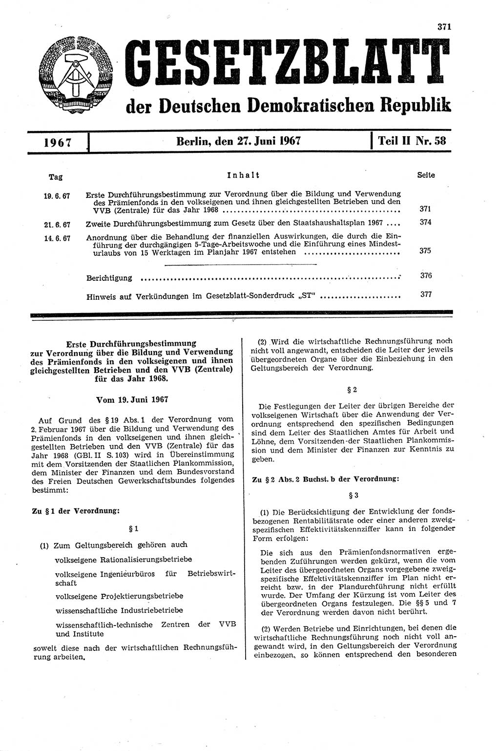 Gesetzblatt (GBl.) der Deutschen Demokratischen Republik (DDR) Teil ⅠⅠ 1967, Seite 371 (GBl. DDR ⅠⅠ 1967, S. 371)